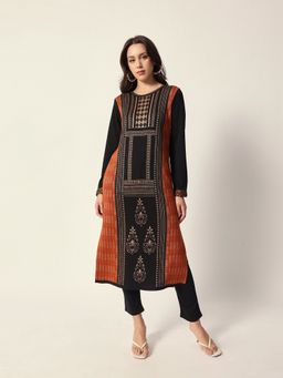 ISHIN - Black Woven Design Jacquard Straight Fit Kurta