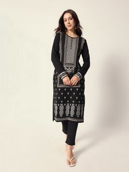 ISHIN - Black Woven Design Jacquard Straight Fit Kurta