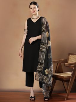 STYLEBAAZI - Women Pure Cotton Black Solid/Plain Kurta with Trouser and Dupatta