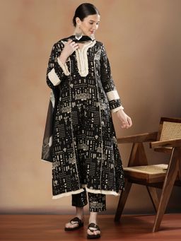 STYLEBAAZI - Women Pure Cotton Black Abstract Kurta with Trouser and Dupatta