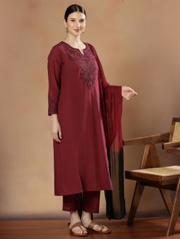 STYLEBAAZI - Women Pure Cotton Wine Embroidered Kurta with Pant and Dupatta