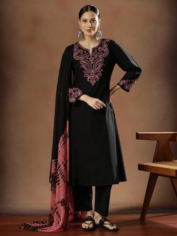 STYLEBAAZI - Women Pure Cotton Black Embroidered Kurta with Trouser and Dupatta