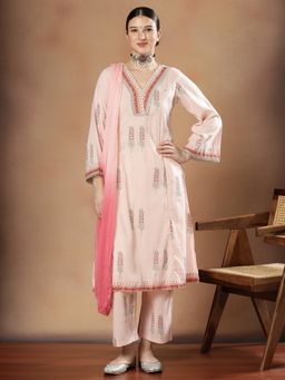 STYLEBAAZI - Women Pure Cotton Peach Floral Kurta with Pant and Dupatta