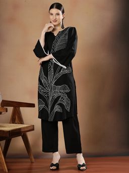 STYLEBAAZI - Women Viscose Rayon Black Floral Kurta with Pant