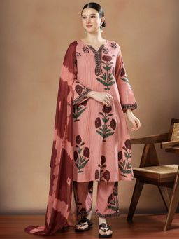 STYLEBAAZI - Women Pure Cotton Peach Floral Kurta with Pant and Dupatta