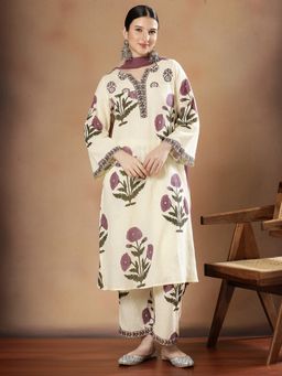STYLEBAAZI - Women Pure Cotton Off White Floral Kurta with Pant and Dupatta