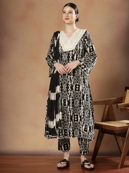 STYLEBAAZI - Women Pure Cotton Black Floral Kurta with Trouser and Dupatta