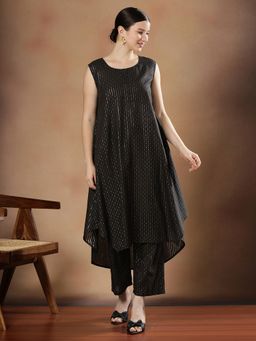 STYLEBAAZI - Women Pure Cotton Black Stripes Kurta with Pant