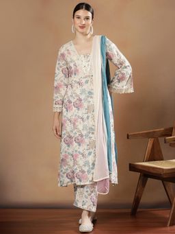 STYLEBAAZI - Women Pure Cotton Off White Floral Kurta with Pant and Dupatta