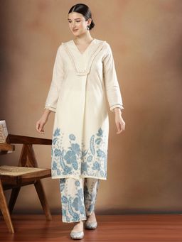 STYLEBAAZI - Women Pure Cotton Off White Floral Kurta with Pant