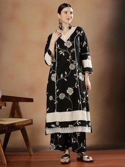STYLEBAAZI - Women Pure Cotton Black Floral Kurta with Pant