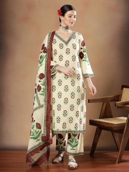 STYLEBAAZI - Women Pure Cotton Off White Floral Kurta with Pant and Dupatta