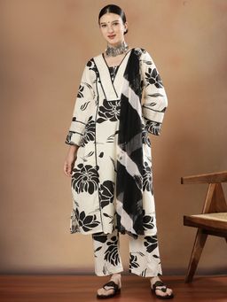 STYLEBAAZI - Women Pure Cotton Off White Floral Kurta with Pant and Dupatta