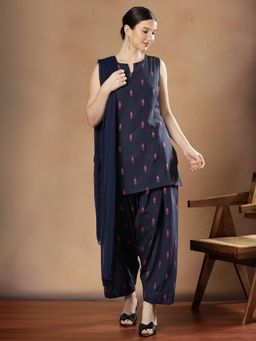STYLEBAAZI - Women Pure Cotton Blue Floral Kurti with Farshi Salwar and Dupatta