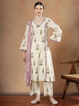 STYLEBAAZI - Women Pure Cotton Purple Floral Kurta with Trouser and Dupatta
