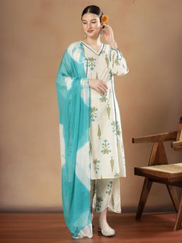 STYLEBAAZI - Women Pure Cotton Blue Floral Kurta with Trouser and Dupatta