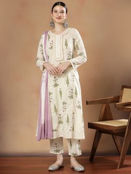 STYLEBAAZI - Women Pure Cotton Off White Floral Kurta with Trouser and Dupatta