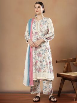 STYLEBAAZI - Women Pure Cotton Off White Floral Kurta with Pant and Dupatta