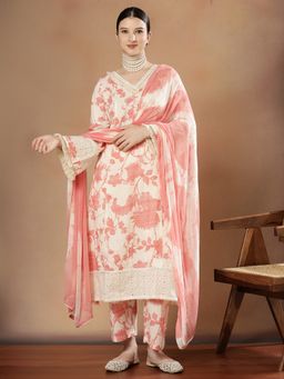 STYLEBAAZI - Women Pure Cotton Off White Floral Kurta with Pant and Dupatta