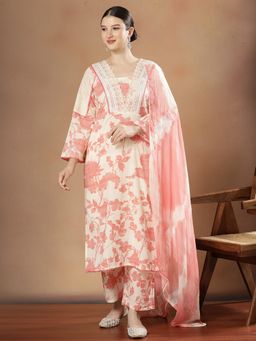 STYLEBAAZI - Women Pure Cotton Off White Floral Kurta with Pant and Dupatta