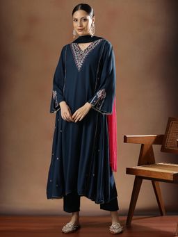 STYLEBAAZI - Women Viscose Rayon Blue Embroidered Kurta with Trouser and Dupatta