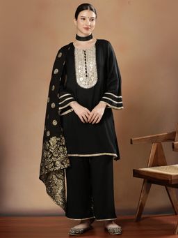 STYLEBAAZI - Women Shenton Black Solid/Plain Kurta with Palazzo & Dupatta