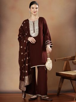 STYLEBAAZI - Women Shenton Brown Solid/Plain Kurta with Pant and Dupatta