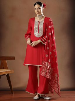STYLEBAAZI - Women Shenton Red Solid/Plain Kurta with Pant and Dupatta