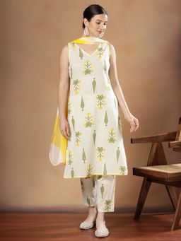 STYLEBAAZI - Women Pure Cotton Off White Floral Kurta with Trouser and Dupatta
