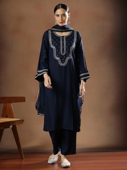 STYLEBAAZI - Women Viscose Rayon Blue Embroidered Kurta with Trouser and Dupatta