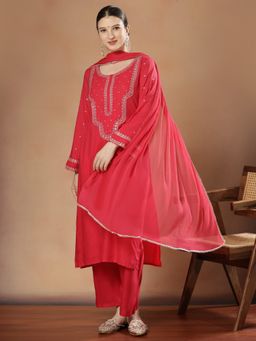 STYLEBAAZI - Women Viscose Rayon Red Embroidered Kurta with Trouser and Dupatta