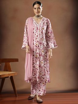 STYLEBAAZI - Women Viscose Rayon Pink Floral Kurta with Pant and Dupatta