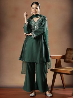 STYLEBAAZI - Women Silk Blend Green Embroidered Kurta with Pant and Dupatta