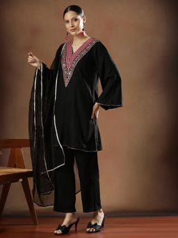 STYLEBAAZI - Women Viscose Rayon Black Embroidered Kurta with Pant and Dupatta