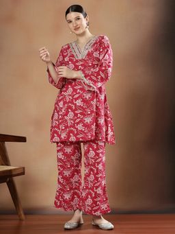 STYLEBAAZI - Women Pure Cotton Pink Embroidered Kurta with Trouser