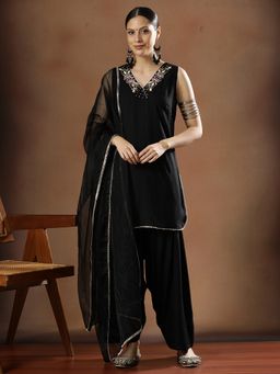 STYLEBAAZI - Women Viscose Rayon Black Embroidered Kurti with Farshi Salwar and Dupatta