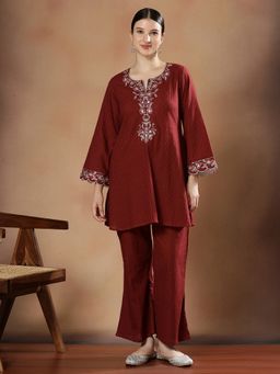 STYLEBAAZI - Women Pure Cotton Maroon Embroidered Kurta with Trouser
