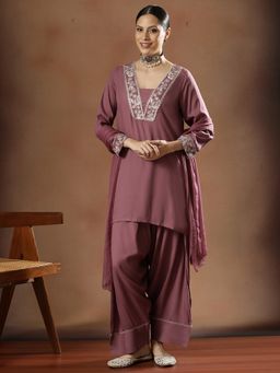 STYLEBAAZI - Women Viscose Rayon Mauve Embroidered Kurti with Salwar and Dupatta
