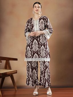 STYLEBAAZI - Women Pure Cotton Brown Embroidered Kurta with Trouser