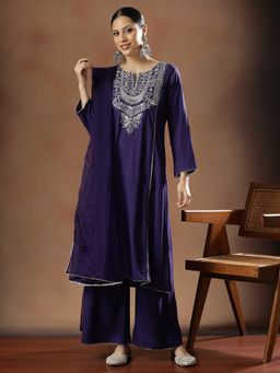 STYLEBAAZI - Women Viscose Rayon Blue Embroidered Kurta with Pant and Dupatta