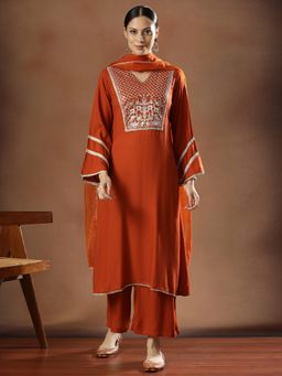 STYLEBAAZI - Women Viscose Rayon Rust Embroidered Kurta with Pant and Dupatta
