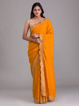Koskii - Mustard Sequin Work Raw Silk Designer Saree With Unstitched Blouse