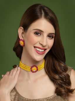 PANASH - Yellow and Pink Beads Meenakari Handcrafted Choker Necklace with Earrings (Set of 2)