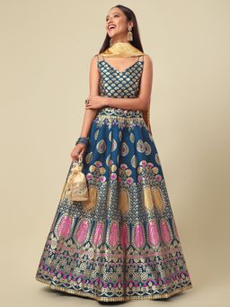 PURVAJA - Jacquard Woven Design Stitched Lehenga & Unstitched Blouse with Dupatta - Teal (Set of 3)