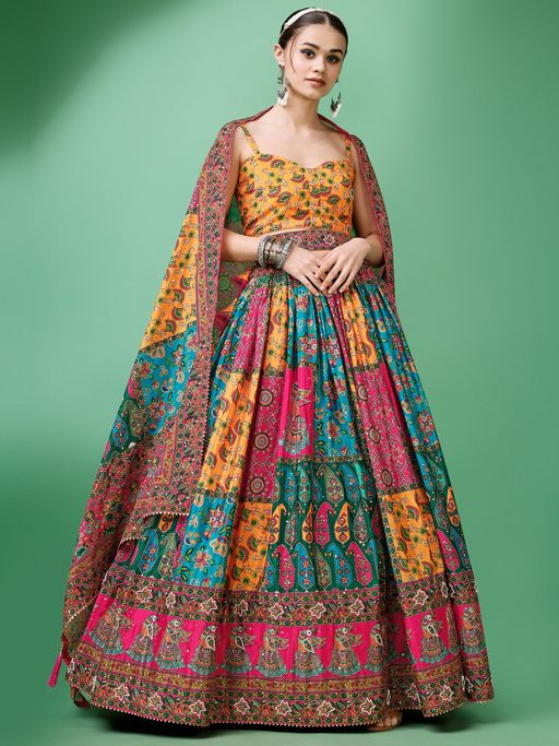 PURVAJA Chinoon Printed Semi Stitched Lehenga & Unstitched Blouse with Dupatta - Yellow (Set of 5)