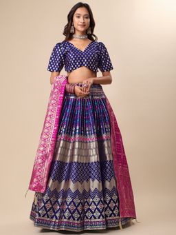 PURVAJA - Jacquard Woven Stitched Lehenga & Unstitched Blouse with Dupatta - Navy Blue (Set of 3)