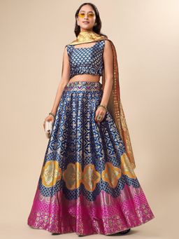 PURVAJA - Jacquard Woven Design Stitched Lehenga & Unstitched Blouse with Dupatta - Teal (Set of 3)