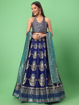 PURVAJA - Jacquard Woven Stitched Lehenga & Unstitched Blouse with Dupatta - Navy Blue (Set of 3)