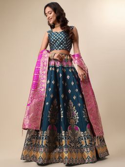 PURVAJA - Jacquard Woven Design Stitched Lehenga & Unstitched Blouse with Dupatta - Teal (Set of 3)