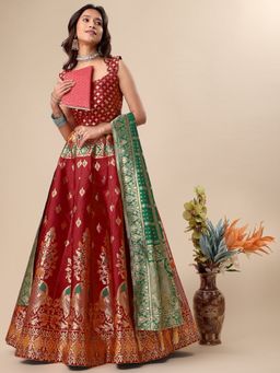 PURVAJA - Jacquard Woven Design Stitched Lehenga & Unstitched Blouse with Dupatta - Red (Set of 3)